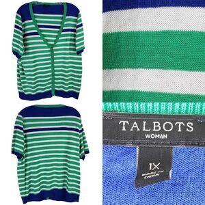 Talbots Cardigan Sweater Green Striped Women’s Short Sleeve Plus Size 1X XL
